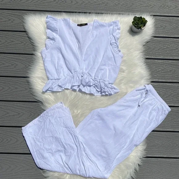 White two piece cropped top & side slit pant set - Picture 2 of 8